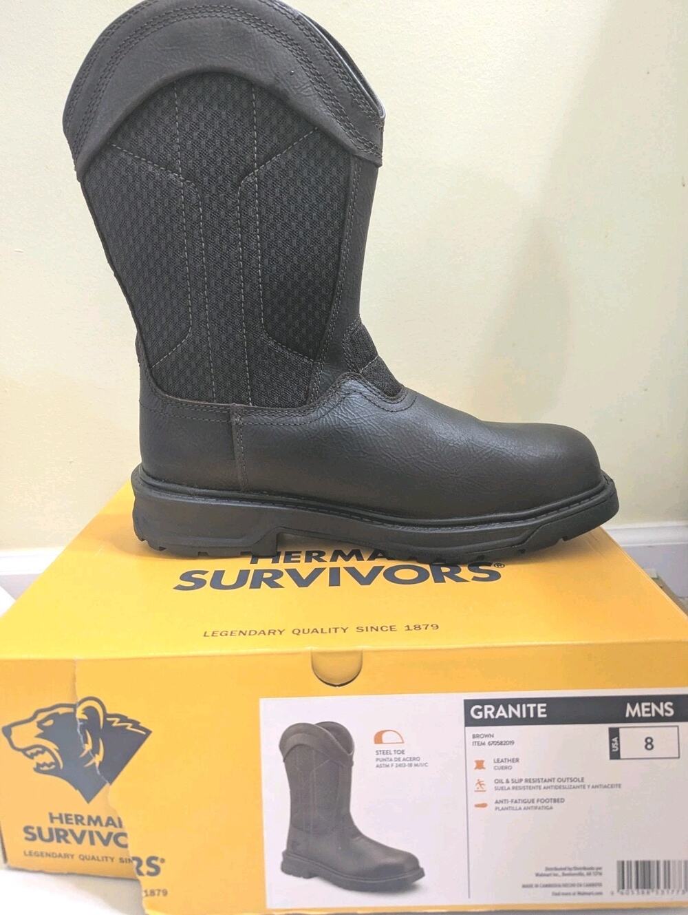 HERMAN SURVIVOR SIZE: 8 - Granite Leather Slip-Resistant Steel Toe Work Boots